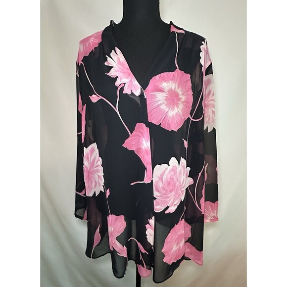 VTG Hermann Lange Floral Pink Black Sheer Flowy Cardigan Kimono Blouse Women 48 - Picture 1 of 13